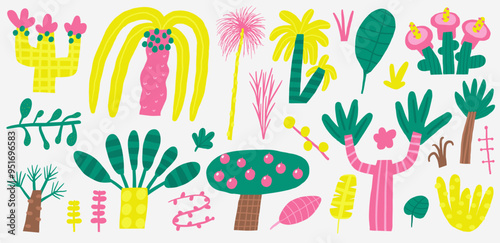 Cute ancient Egypt plants set with funny hand drawn doodle palm, tree, fruit tree, leaves, plants, nature elements, date palm, hibiscus. Old civilization, desert nature objects collection