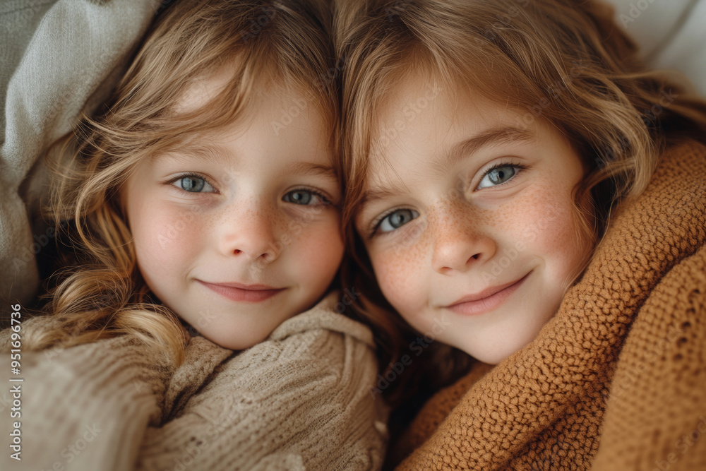 Close-up portrait of two little girls with freckles and long hair, smiling while wrapped in blankets on the bed, capturing their joyful expressions and warm tones. 