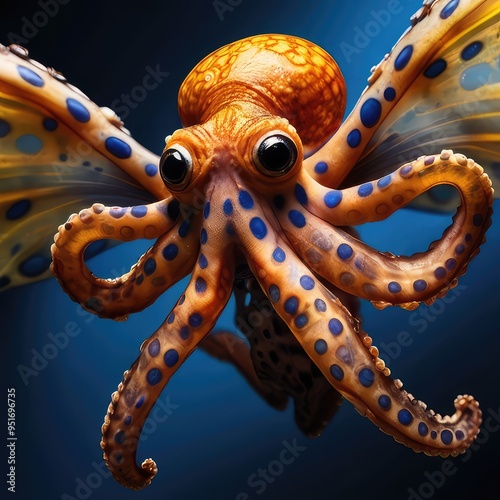 A fiery Blueringed octopus with outstretched wings, made of dancing flames, flying through a black void, with sparks trailing behind it. photo