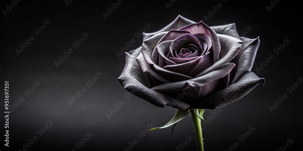 Fototapeta premium Black rose isolated on a dark background, black, rose, flower, isolated, dark, background, elegant, gothic, mysterious, beauty
