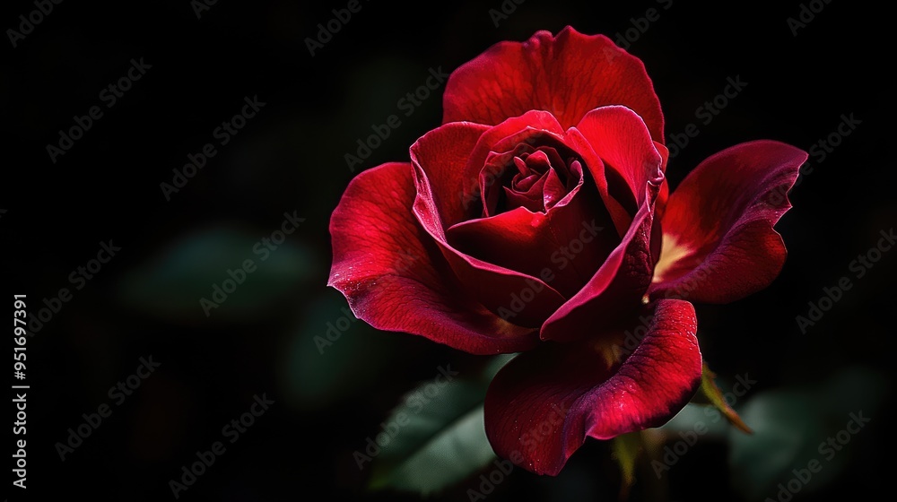 A deep crimson rose, with velvety petals, is highlighted against a black background, representing passion and desire. A deep crimson rose, with velvety petals, is highlighted against a black background, representing passion and desire.