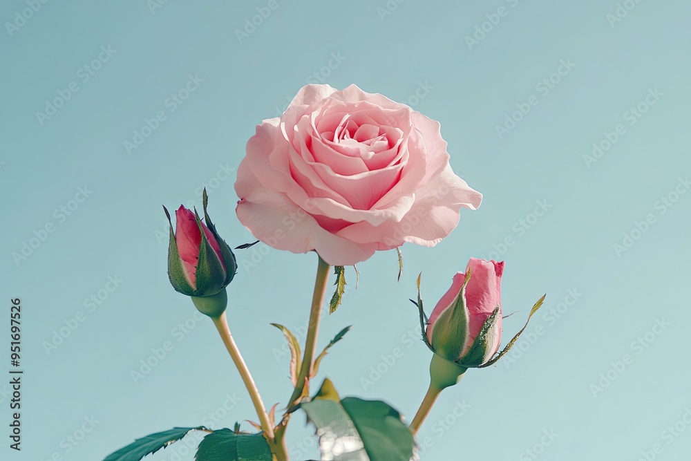 A single pink rose with two buds blooms against a pale blue sky.