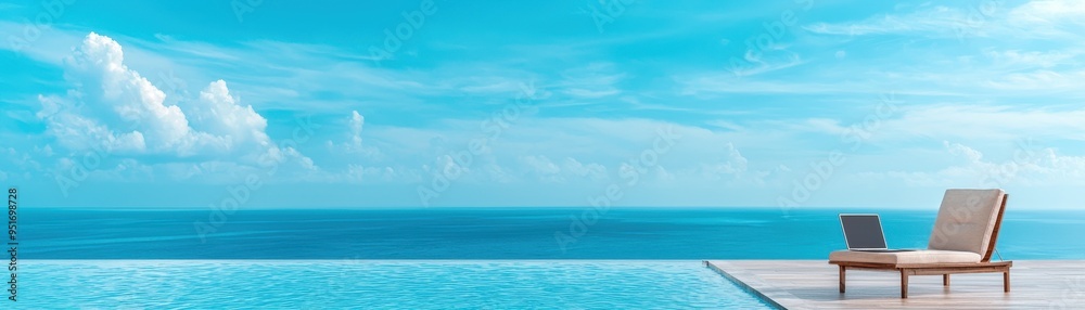 Fototapeta premium Laptop on a lounger by an infinity pool overlooking the ocean representing luxury remote work lifestyle