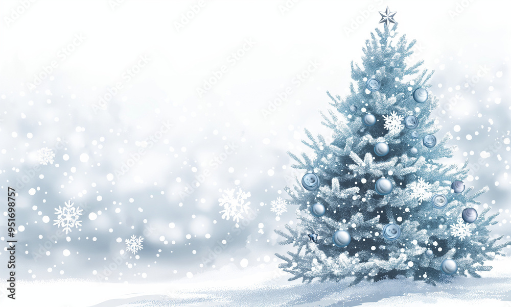 A cute 2D illustration of a small, charming Christmas tree with colorful lights, tiny stockings, and a teddy bear under it, on a clear white background