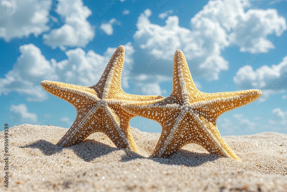 Two starfish on the beach with a blue sky and white clouds in the background. Two starfish on the beach with a blue sky and white clouds in the background.