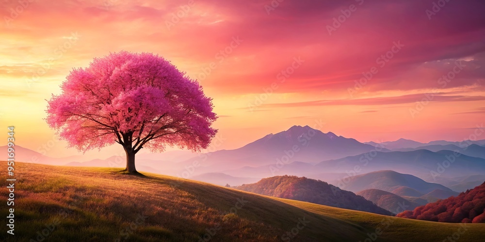 Landscape of pink tree on hill with mountains against pink sky background Landscape of pink tree on hill with mountains against pink sky background