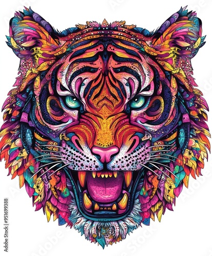 A vibrant and colorful illustration of a tiger's head with intricate patterns and details. photo