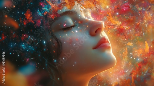 Beautiful young woman’s face blending with a vivid cosmic background of nebulae and stars symbolizing fantasy and dreaminess new beautiful stock image illustration AI