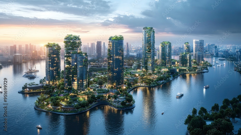 Obraz premium Panoramic view of a smart city with a focus on sustainable and futuristic design. The aerial perspective showcases vertical gardens on high-rise buildings, MICE freeform structures, and sports