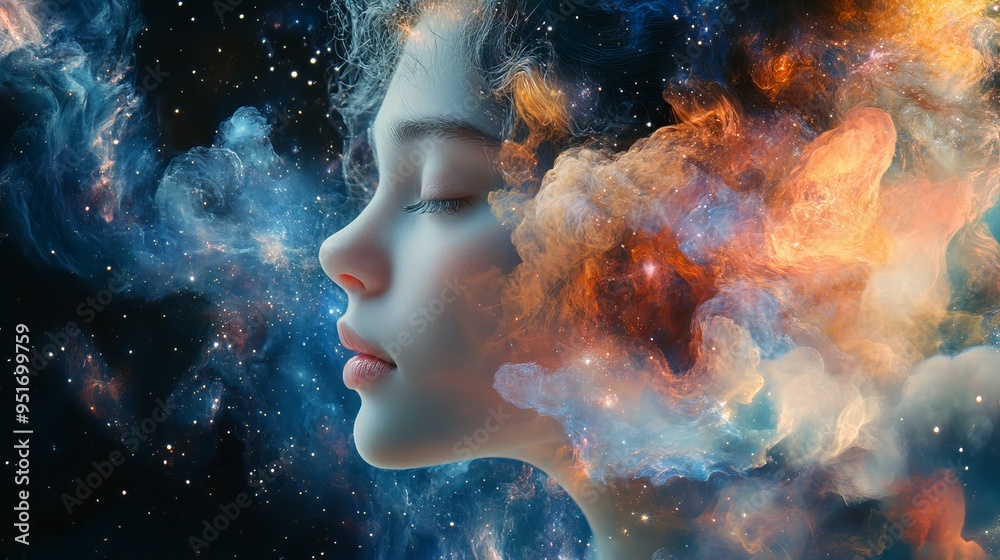 Beautiful young woman’s face blending with a vivid cosmic background of nebulae and stars symbolizing fantasy and dreaminess new beautiful stock image illustration AI Beautiful young woman’s face blending with a vivid cosmic background of nebulae and stars symbolizing fantasy and dreaminess new beautiful stock image illustration AI