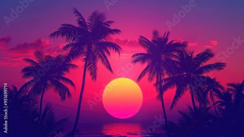 retrowave sunset scene with neonoutlined palm trees silhouetted against a gradient sky vibrant pink and purple hues dominate creating a nostalgic 80s aesthetic