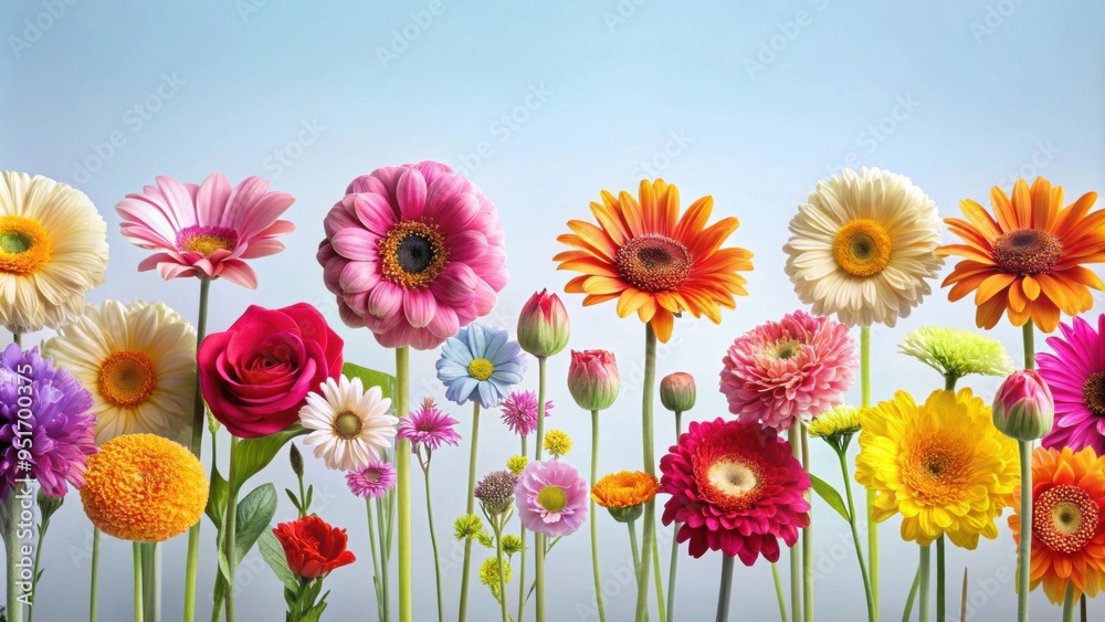 Obraz premium A beautiful row of colorful and varying sized flowers, floral, garden, nature, vibrant, blossoms, spring, summer, diversity