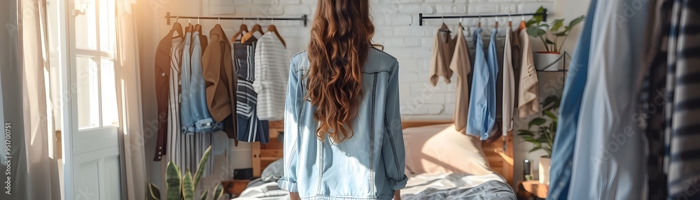 Woman Selecting Fashion Outfit in Mirror and Bedroom Clothing Display Woman Selecting Fashion Outfit in Mirror and Bedroom Clothing Display
