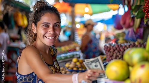 Smiling Woman Handing Over Cash at Vibrant Cultural Market Store Transaction