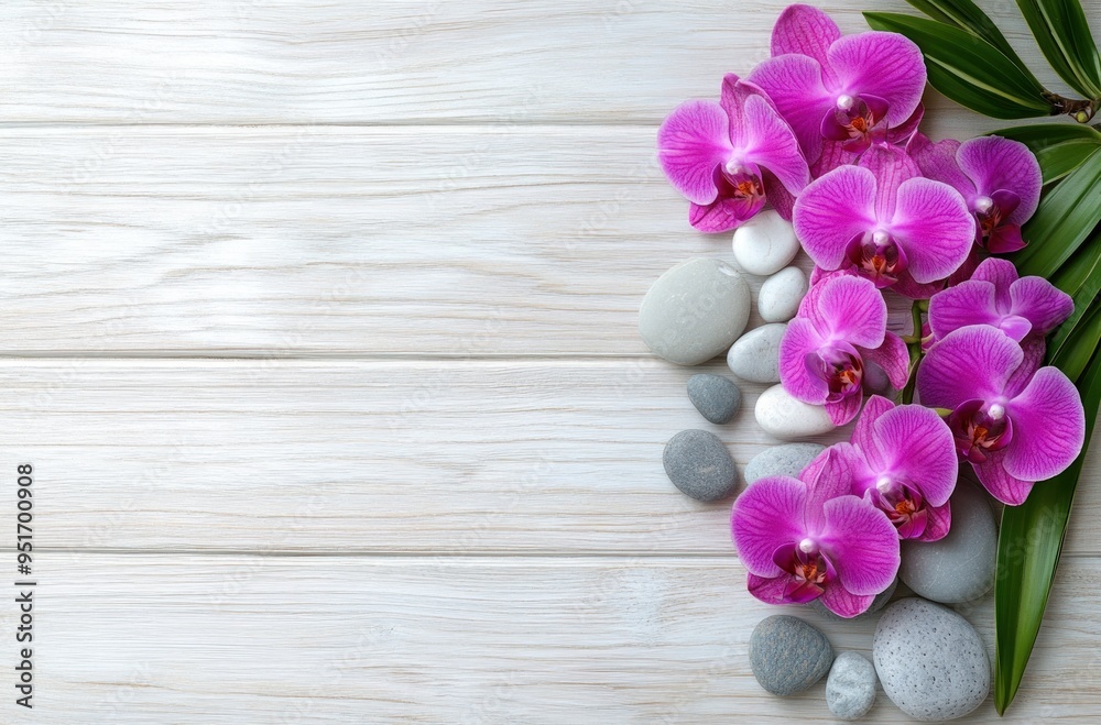 Pink Orchids and Stones on Wooden Background Pink Orchids and Stones on Wooden Background