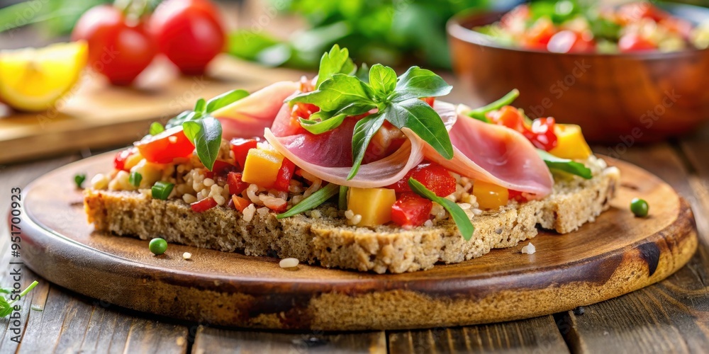 Fresh and colorful quinoa salad with slices of serrano ham on whole wheat toast, quinoa, salad, healthy, nutritious, colorful, fresh