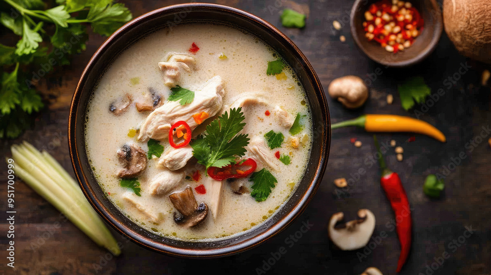 A fresh bowl of Thai coconut soup (Tom Kha Gai) with chicken, mushrooms, and galangal, garnished with lemongrass and chili, top view. A fresh bowl of Thai coconut soup (Tom Kha Gai) with chicken, mushrooms, and galangal, garnished with lemongrass and chili, top view.