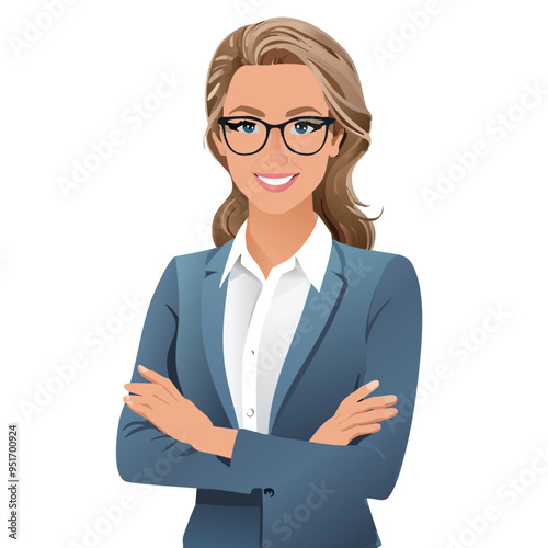 a business woman crossed hands with eyeglasses and smiling professional using suits