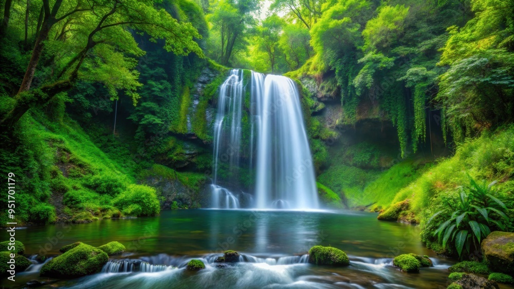 A serene waterfall flowing through a lush green forest , nature, stream, tranquil, peaceful, scenic, trees, vegetation A serene waterfall flowing through a lush green forest , nature, stream, tranquil, peaceful, scenic, trees, vegetation