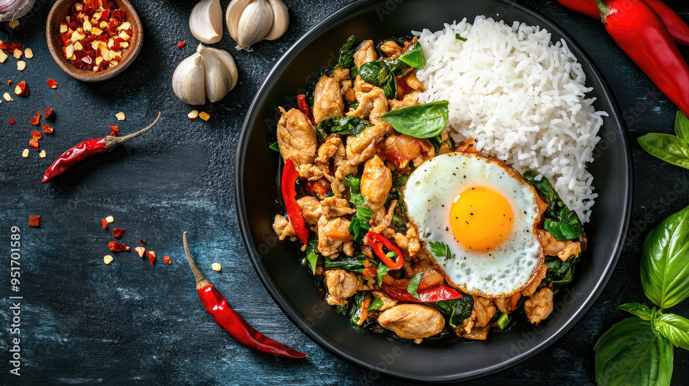 A plate of Thai basil chicken stir-fry (Pad Kra Pao) with fried egg and rice, surrounded by fresh chili and garlic, top vie A plate of Thai basil chicken stir-fry (Pad Kra Pao) with fried egg and rice, surrounded by fresh chili and garlic, top vie