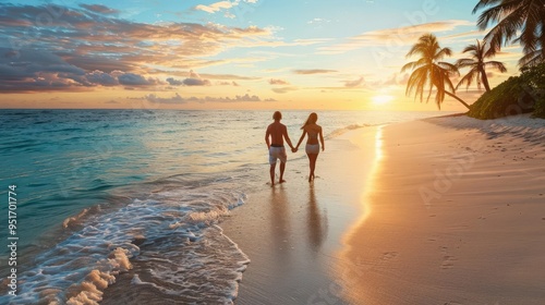 romantic couple strolling handinhand along pristine white sand beach turquoise waters swaying palm trees and golden sunset create idyllic backdrop photo