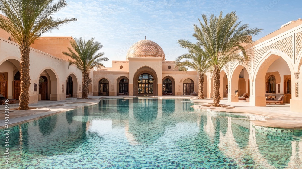 Naklejka premium A serene pool area surrounded by elegant architecture and palm trees under a clear sky.