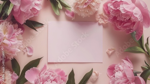 Wallpaper Mural romantic floral flat lay composition delicate pink peony wreath surrounding blank paper on blush background soft feminine aesthetic perfect for valentines day or mothers day design Torontodigital.ca