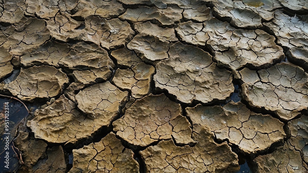 Close-up view of cracked, dry earth with a few patches of water.