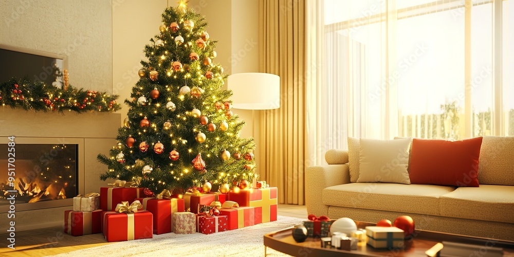 Obraz premium araffy christmas tree with presents and presents on a living room floor