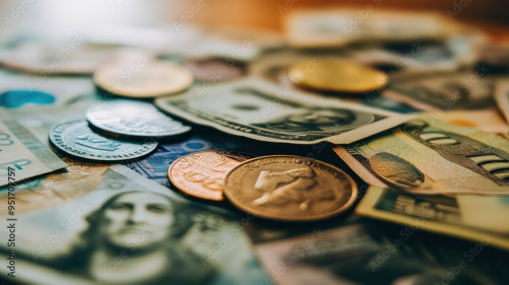 Close-up of a pile of different currencies including US dollars, euros, and other coins Close-up of a pile of different currencies including US dollars, euros, and other coins