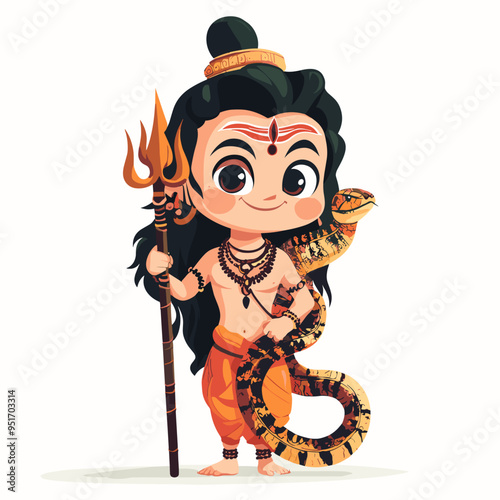 Little Shiva Holding Trident Vector Cartoon Illustration