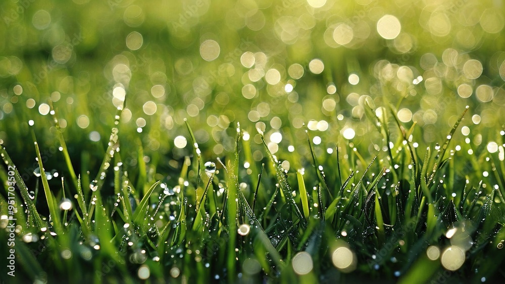 Naklejka premium Dewdrops on blades of grass, reflecting sunlight in the early morning.