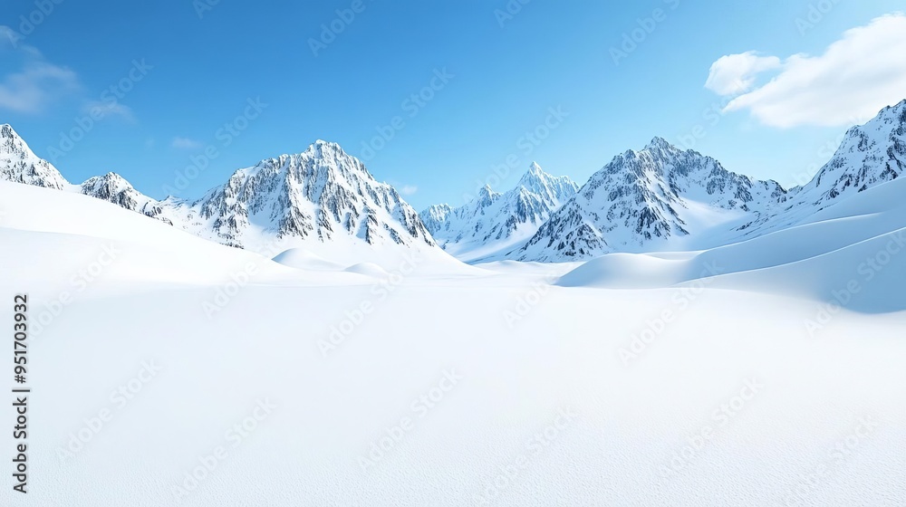Fototapeta premium Snow-covered mountain landscape under a clear blue sky, pristine winter scene, majestic view