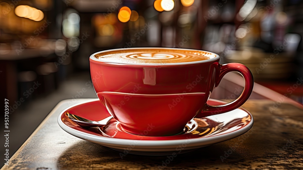 Coffee in red cup on wooden table in cafe Coffee in red cup on wooden table in cafe