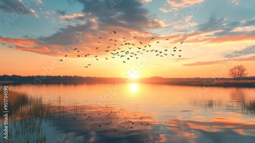 Sunset Birds Flying Over Lake