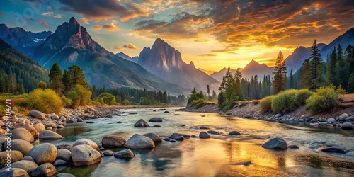 Scenic painting of river in mountainous area at sunset with rocks and mountain range in background photo