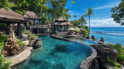 A serene tropical villa with a pool overlooking the ocean and lush greenery.