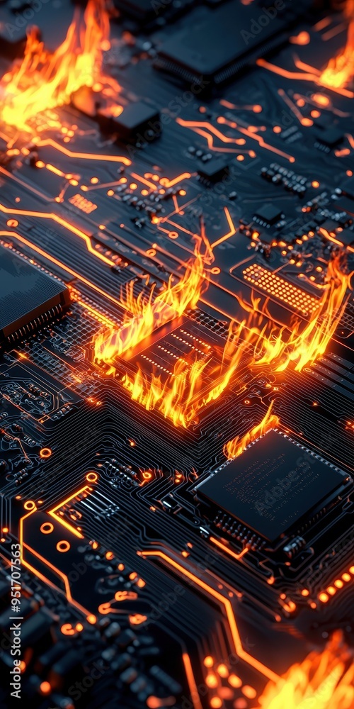 Close-up of a computer motherboard with glowing circuits and orange flames, symbolizing overheating and technological power. Close-up of a computer motherboard with glowing circuits and orange flames, symbolizing overheating and technological power.