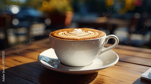 Coffee in white cup on wooden table in cafe