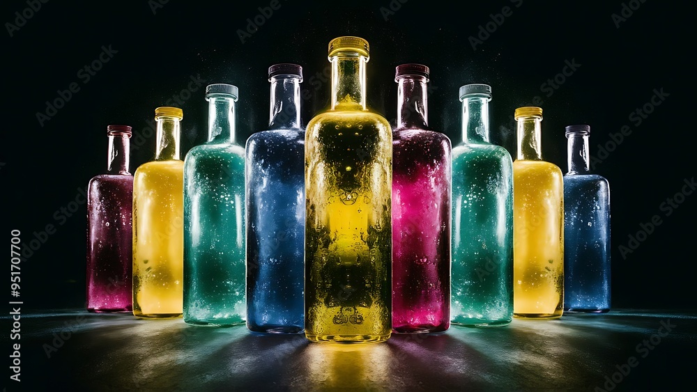 Low angle view of glass bottles with colorful liquid on dark background with back light Low angle view of glass bottles with colorful liquid on dark background with back light