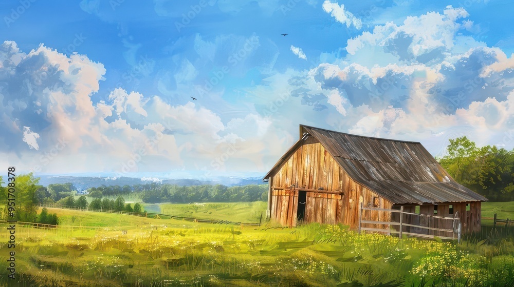 rustic wooden barn on a lush green countryside landscape with blue sky digital painting rustic wooden barn on a lush green countryside landscape with blue sky digital painting