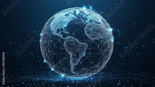 3D spherical mesh grid, globe or ball in circular net wireframe, vector digital earth. 3D sphere in wireframe or geometric network of dots and lines, a science and technology object. photo