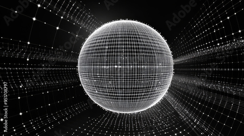 3D spherical mesh grid, globe or ball in circular net wireframe, vector digital earth. 3D sphere in wireframe or geometric network of dots and lines, a science and technology object. photo