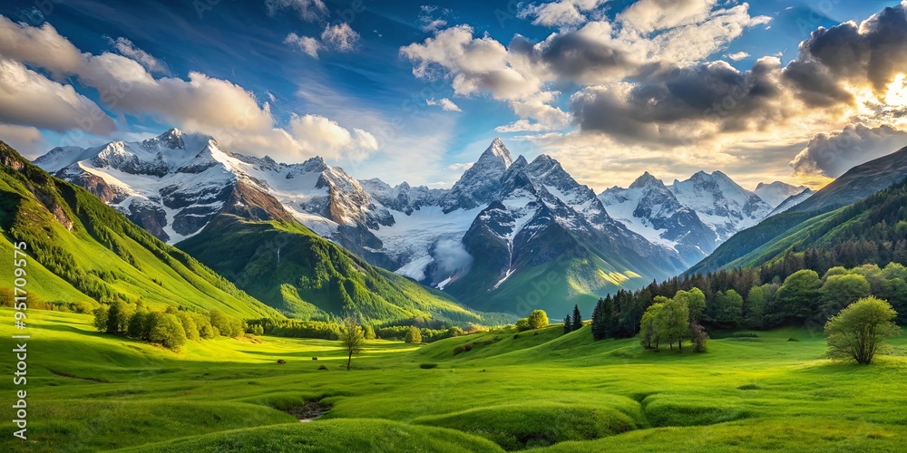 Obraz premium Majestic mountain valley with snow capped peaks and lush green grass, symbolizing tranquility and vastness