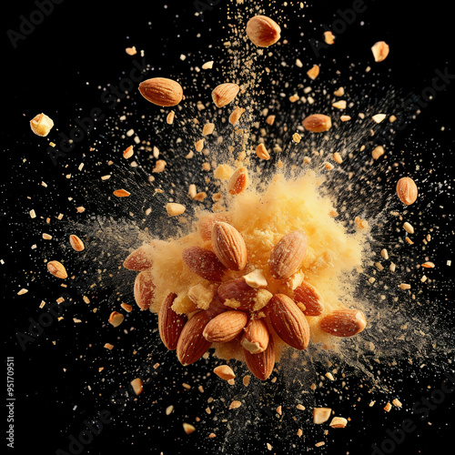 Exploding pile of almonds in mid-air against black background