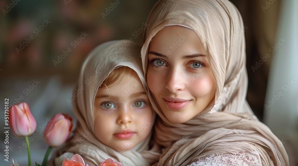 Obraz premium A mother and daughter wearing matching headscarves, smiling warmly at the camera. The mother holds a bouquet of pink tulips, creating a soft and loving atmosphere. The background is softly blurred