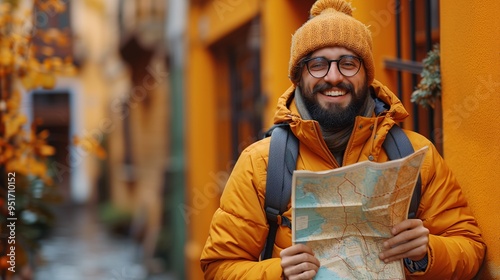 Wallpaper Mural A cheerful man wearing a yellow jacket and a knitted hat stands in a vibrant alley, holding a map. The background features warm orange walls and autumn foliage, creating a cozy atmosphere. Torontodigital.ca