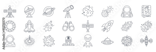 astronomy icons set, Included icons as Asteroid, Binoculars, Satellite, Rocket and more symbols collection, logo isolated vector illustration