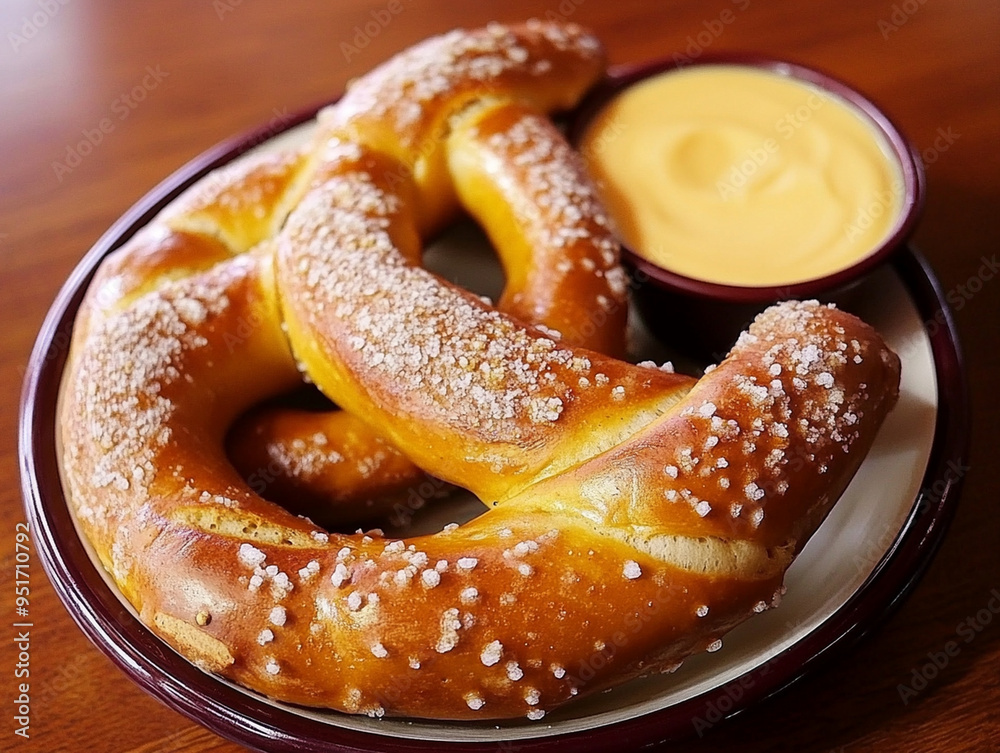 Soft pretzel with salt and cheese dip. Soft pretzel with salt and cheese dip.