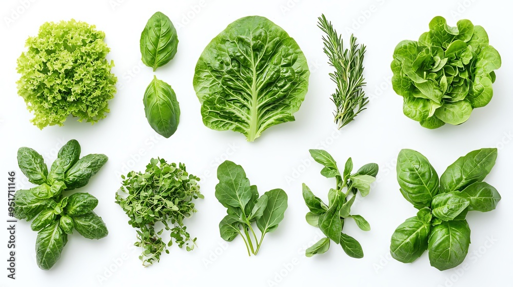 Assorted fresh greens and herbs arranged on a white background, perfect for culinary inspiration and healthy eating. Assorted fresh greens and herbs arranged on a white background, perfect for culinary inspiration and healthy eating.